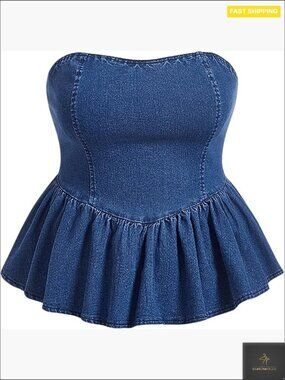 Plus Size Strapless Denim Ruffle Camisole Peplum Y2K Tube Top